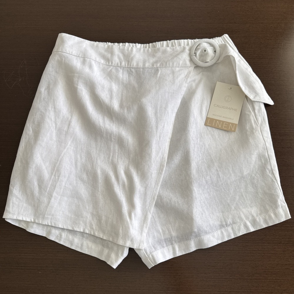 NWT CALLIGRAPHIE Skort Linen Blend Elastic Waist Pull on Wrap Women Sz M White